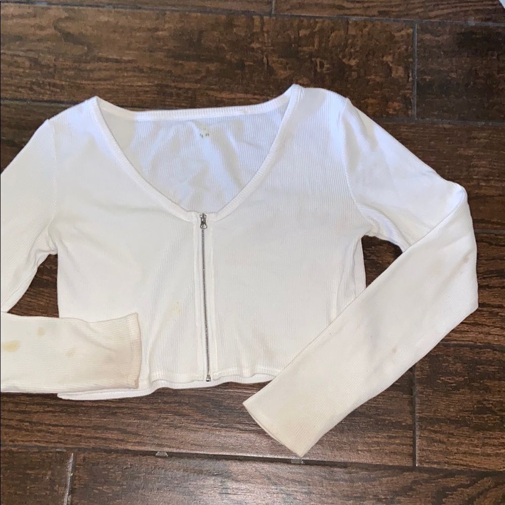 White Long Sleeve Zip-Up Top Blouse Size L